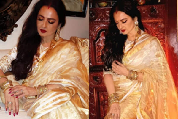 Rekha Shines in a Stunning Gold Tissue Saree by Manish Malhotra